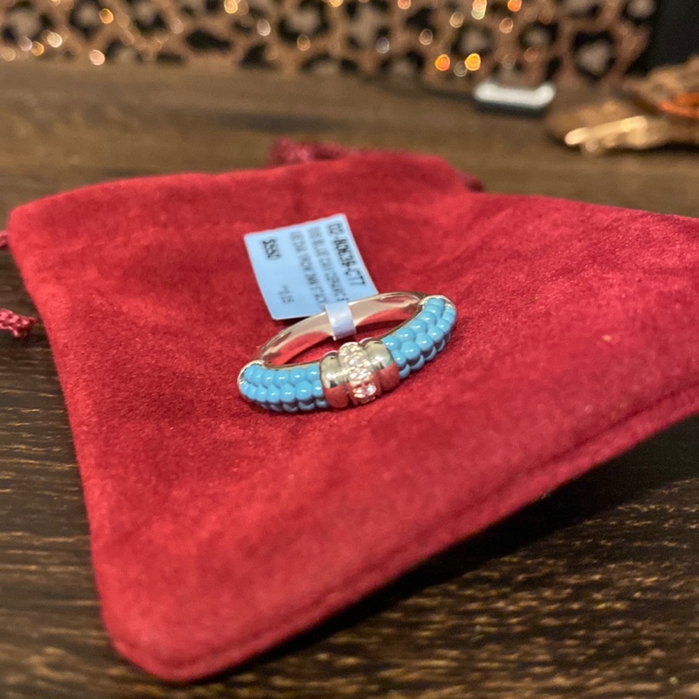NEW LAGOS Small Ceramic Diamond Stacking Ring Blue Caviar sz 7